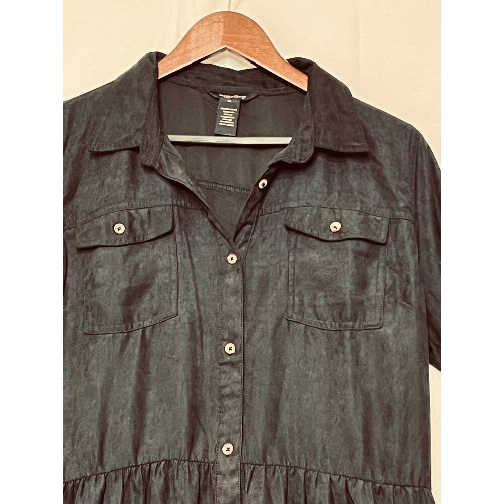 XL Black Midi Button-Up Dress Rolled Sleeves Pockets Millennium Casual Boho - Picture 2 of 16